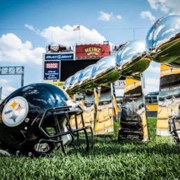 Steelers trophies and helmet on the field.