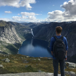 user submission hiking and climbing 7 hours in order to get to this location in Norway with renegade on his back