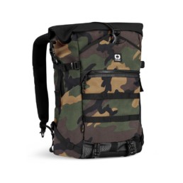 OGIO 525r facing camera showing woodland camo exterior buckled down against white background