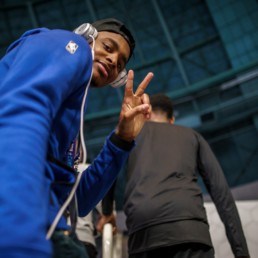 OGIO Clippers partnership Shai Gilgeous-Alexander giving peace sign to camera in dome